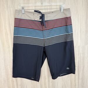 Travis Mathew Shorts Men 32 Blue Color Block Striped Boardshorts Swim Trunks 11”